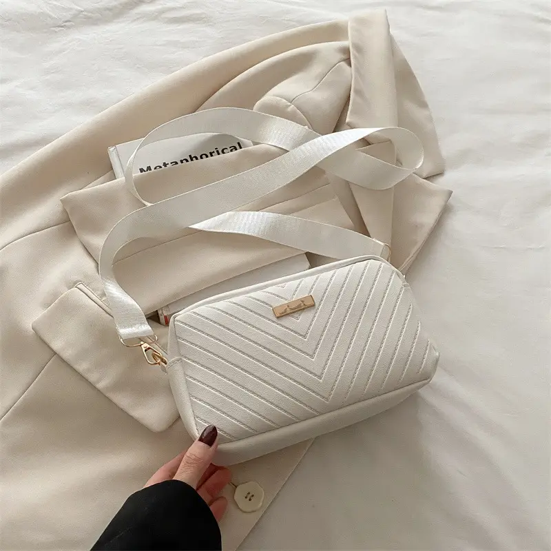 Women's White Quilted Square Camera Bag with Leather Strap - Image 7
