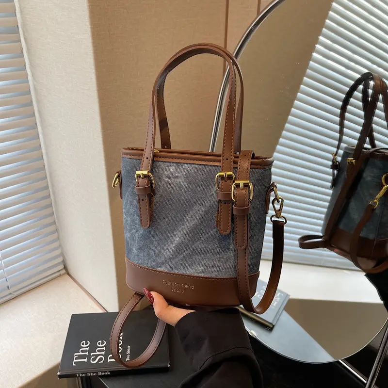 Trendy Women's Shoulder Crossbody Bag Blue Brown Leather - Image 4