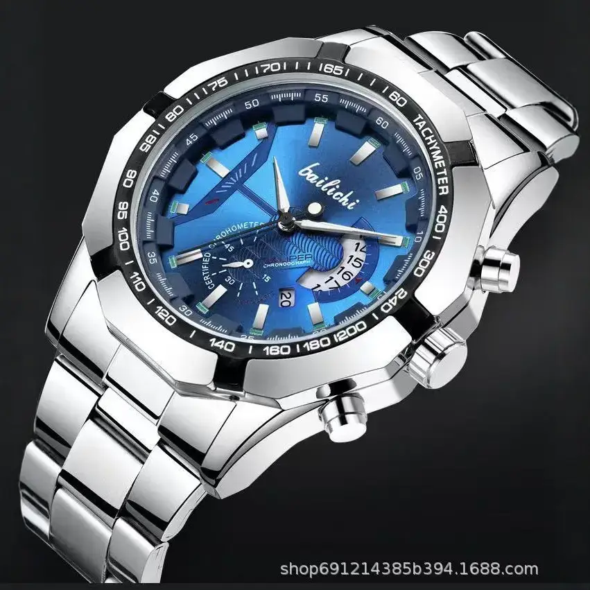 Men's Stainless Steel Chronograph Watch Black Dial Waterproof Luminous - Image 6