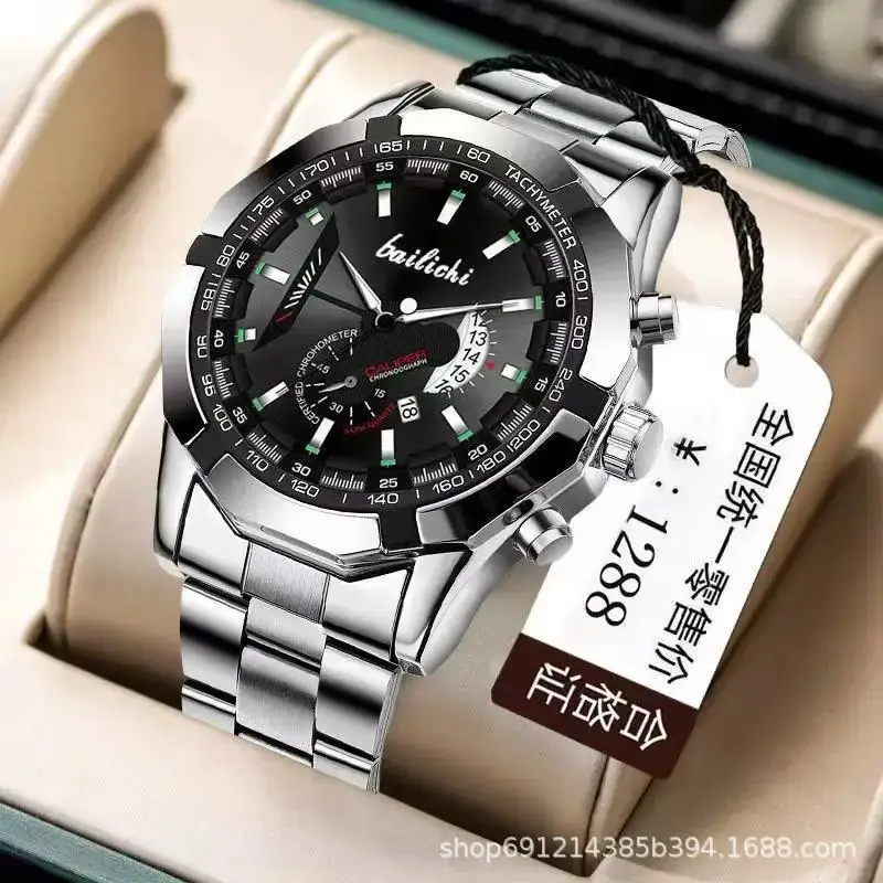 Men's Stainless Steel Chronograph Watch Black Dial Waterproof Luminous - Image 7