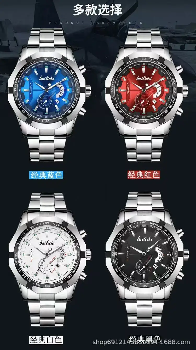 Men's Stainless Steel Chronograph Watch Black Dial Waterproof Luminous — feature 1