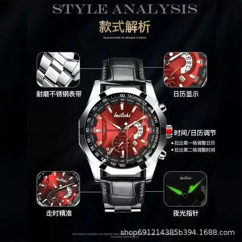Men's Stainless Steel Chronograph Watch Black Dial Waterproof Luminous — feature 10