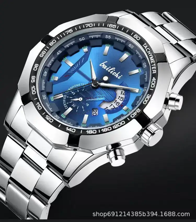 Men's Stainless Steel Chronograph Watch Black Dial Waterproof Luminous - Image 2