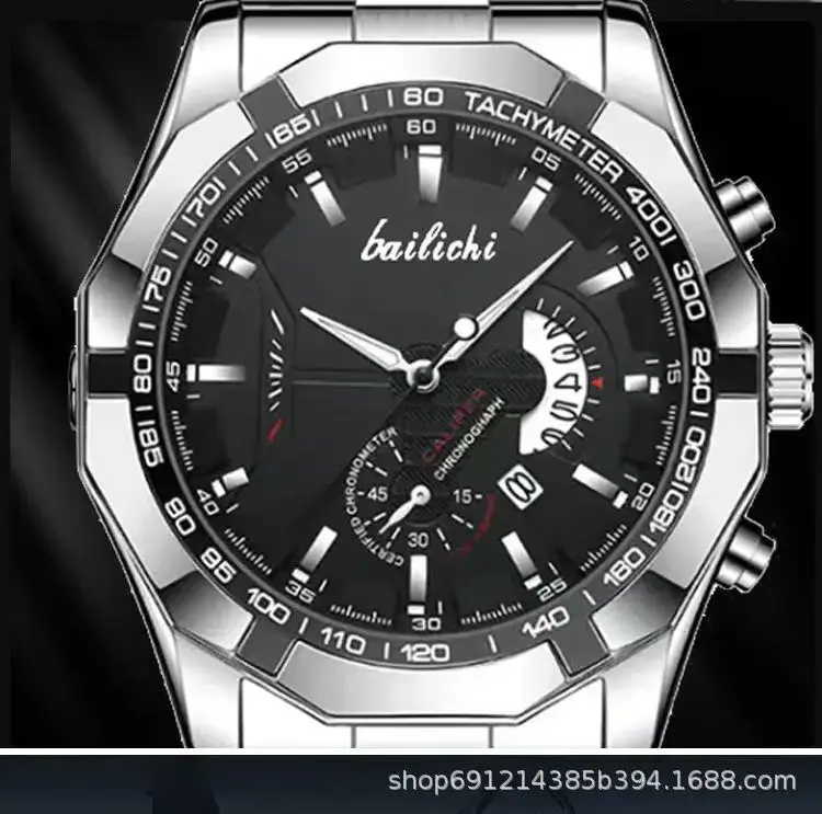 Men's Stainless Steel Chronograph Watch Black Dial Waterproof Luminous - Image 3