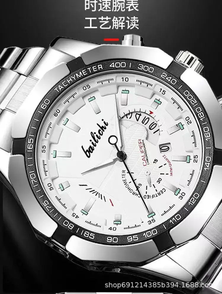 Men's Stainless Steel Chronograph Watch Black Dial Waterproof Luminous - Image 4