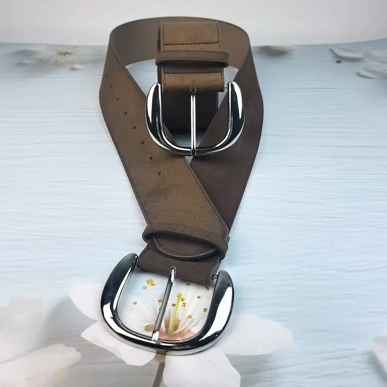Women's Black Suede Belt with Silver Buckle 6cm - Image 6