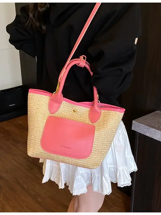 Women Straw Tote Bag Pink Red 2025 New Fashion - Image 6