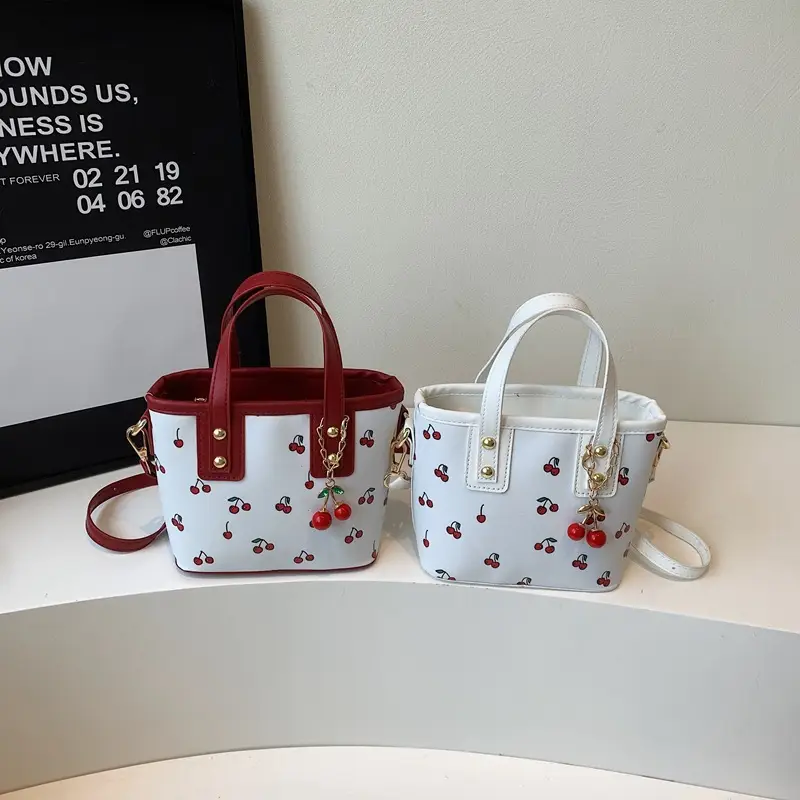 Cherry Print Women's Shoulder Messenger Bag Red White - Image 3