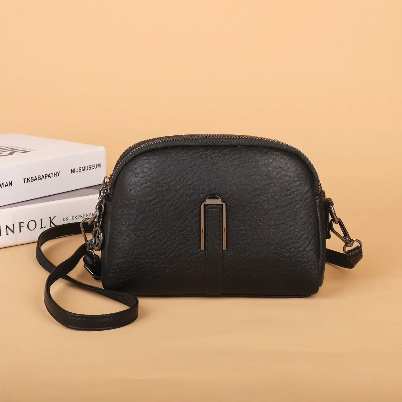 Black Women's Crossbody Bag with Gold Plated Zipper - Image 3