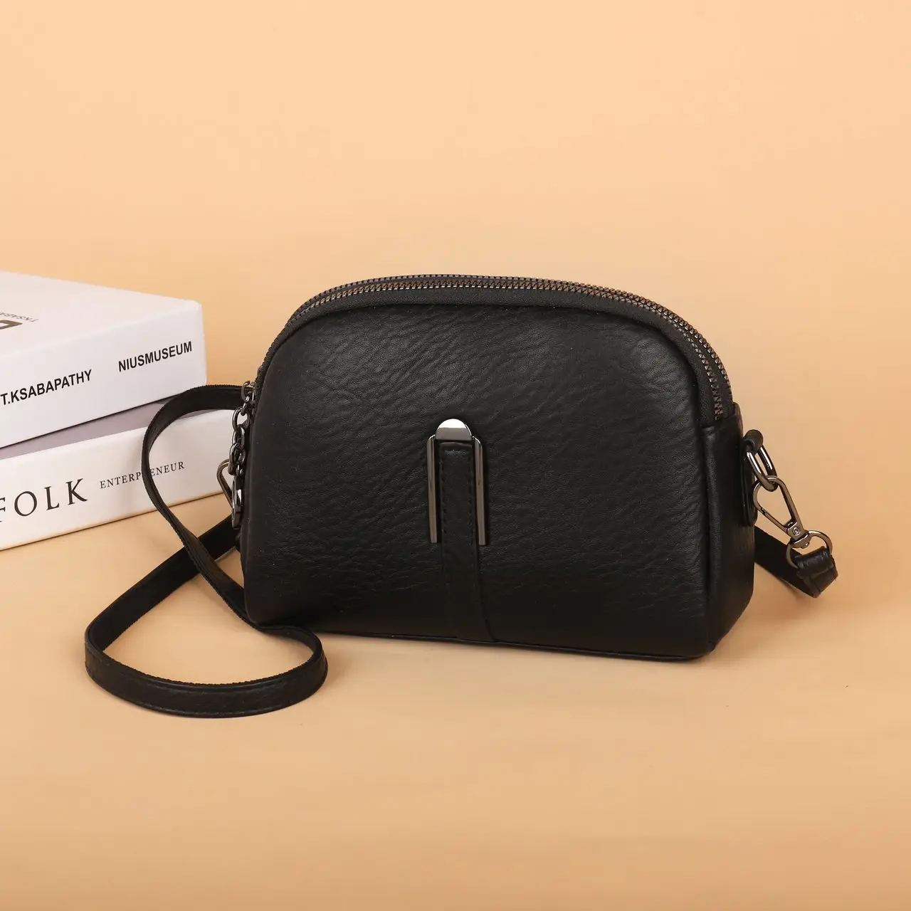 Black Women's Crossbody Bag with Gold Plated Zipper — feature 8
