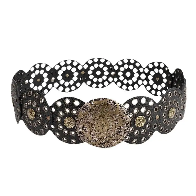 White Faux Leather Belt with Vintage Rivet Stitching and Pom Pom - Image 36