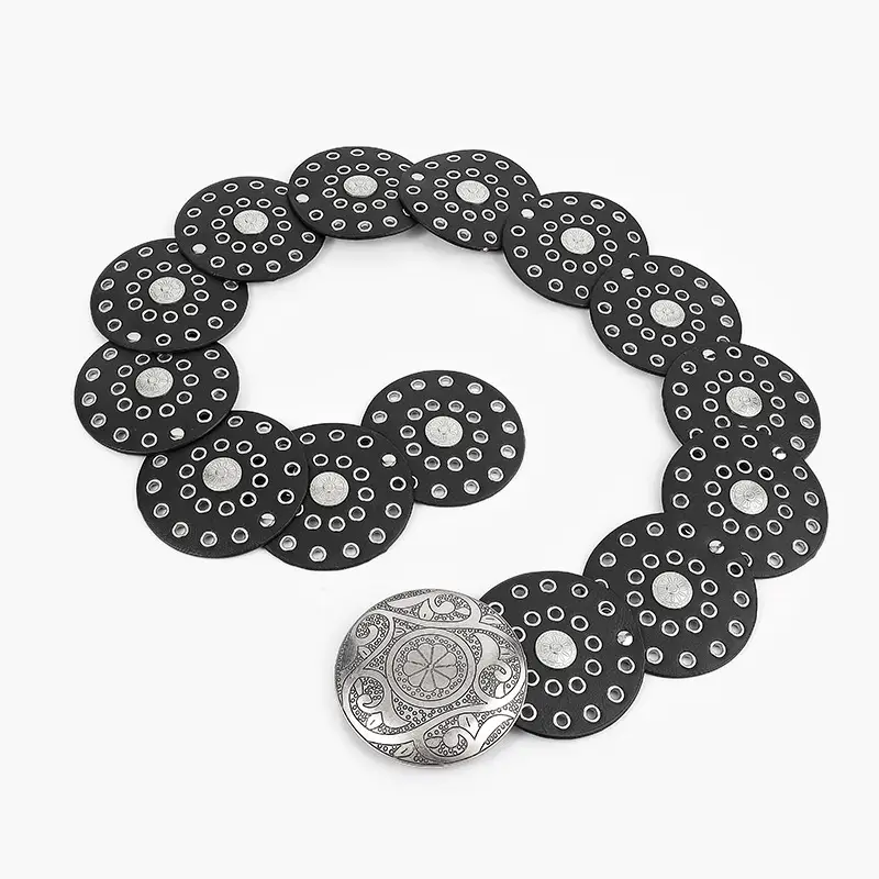 White Faux Leather Belt with Vintage Rivet Stitching and Pom Pom — feature 11