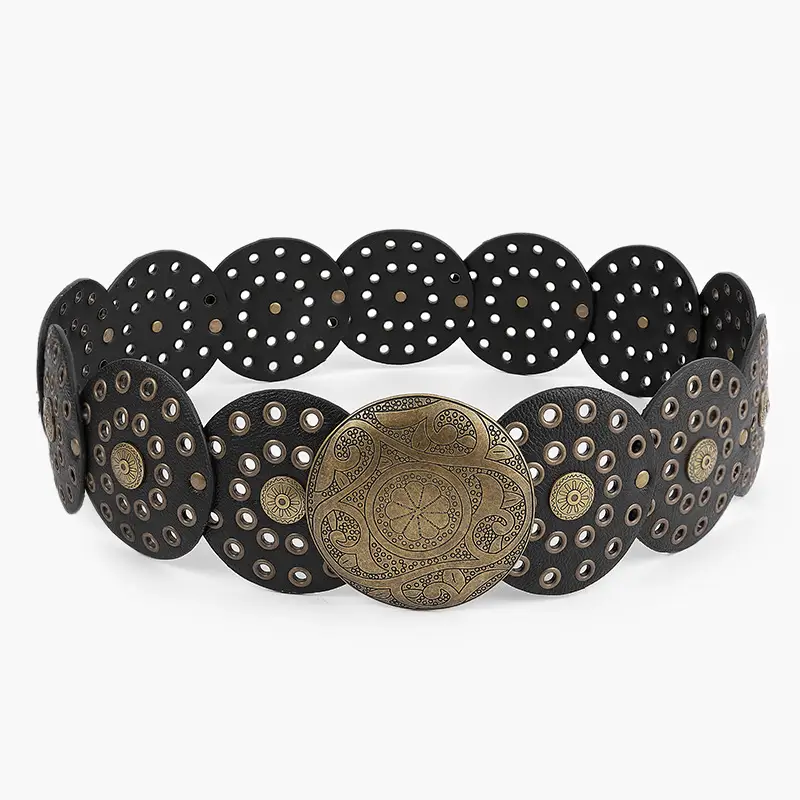 White Faux Leather Belt with Vintage Rivet Stitching and Pom Pom — feature 12