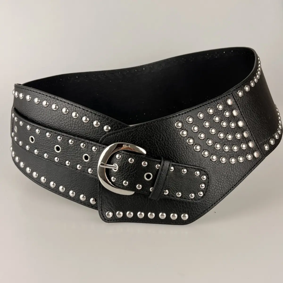White Faux Leather Belt with Vintage Rivet Stitching and Pom Pom — feature 18