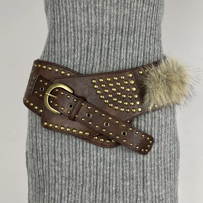 White Faux Leather Belt with Vintage Rivet Stitching and Pom Pom — feature 20