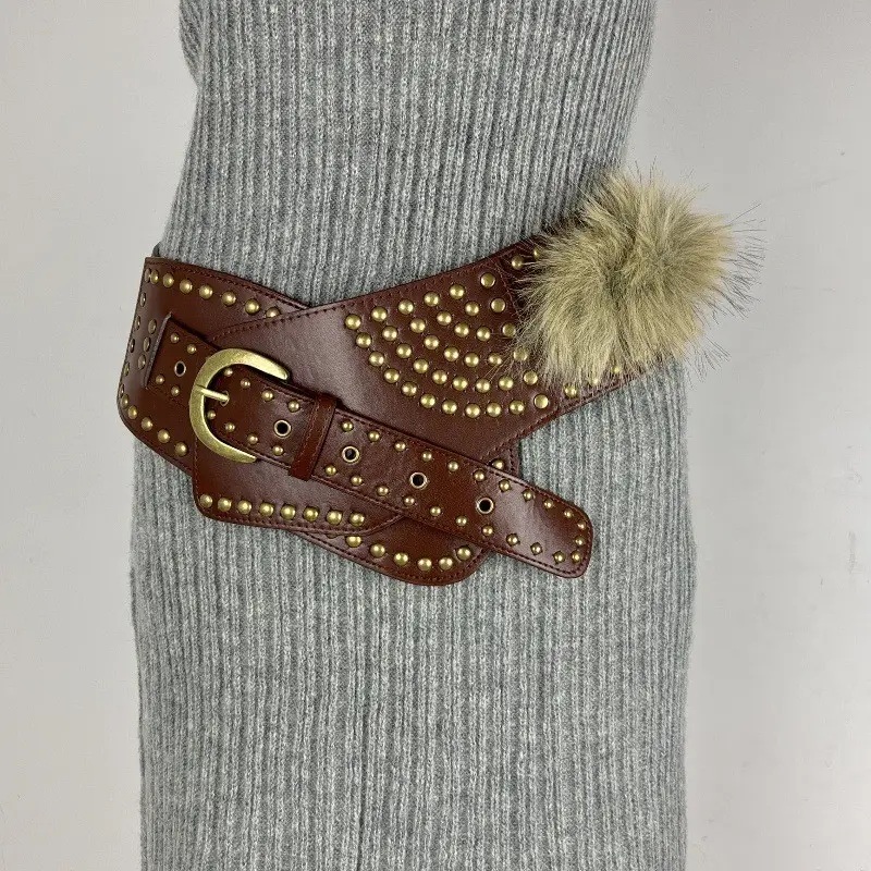 White Faux Leather Belt with Vintage Rivet Stitching and Pom Pom — feature 21