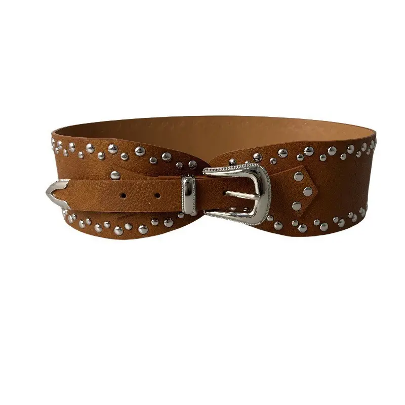 White Faux Leather Belt with Vintage Rivet Stitching and Pom Pom — feature 23