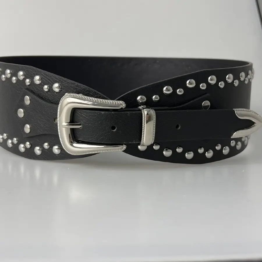 White Faux Leather Belt with Vintage Rivet Stitching and Pom Pom — feature 24