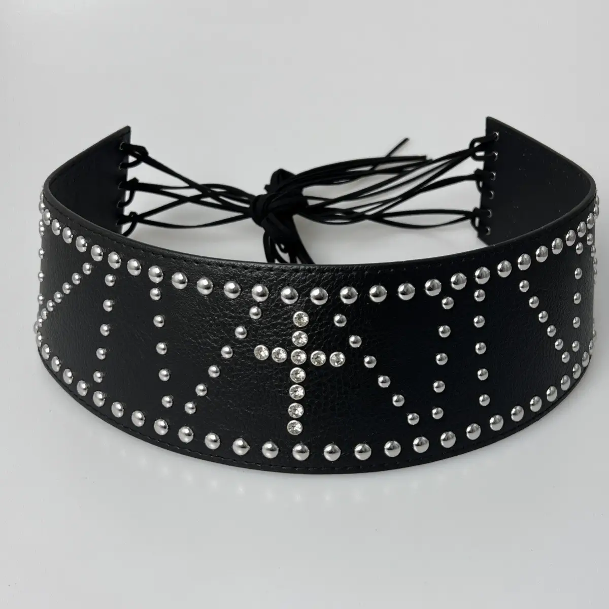 White Faux Leather Belt with Vintage Rivet Stitching and Pom Pom — feature 25