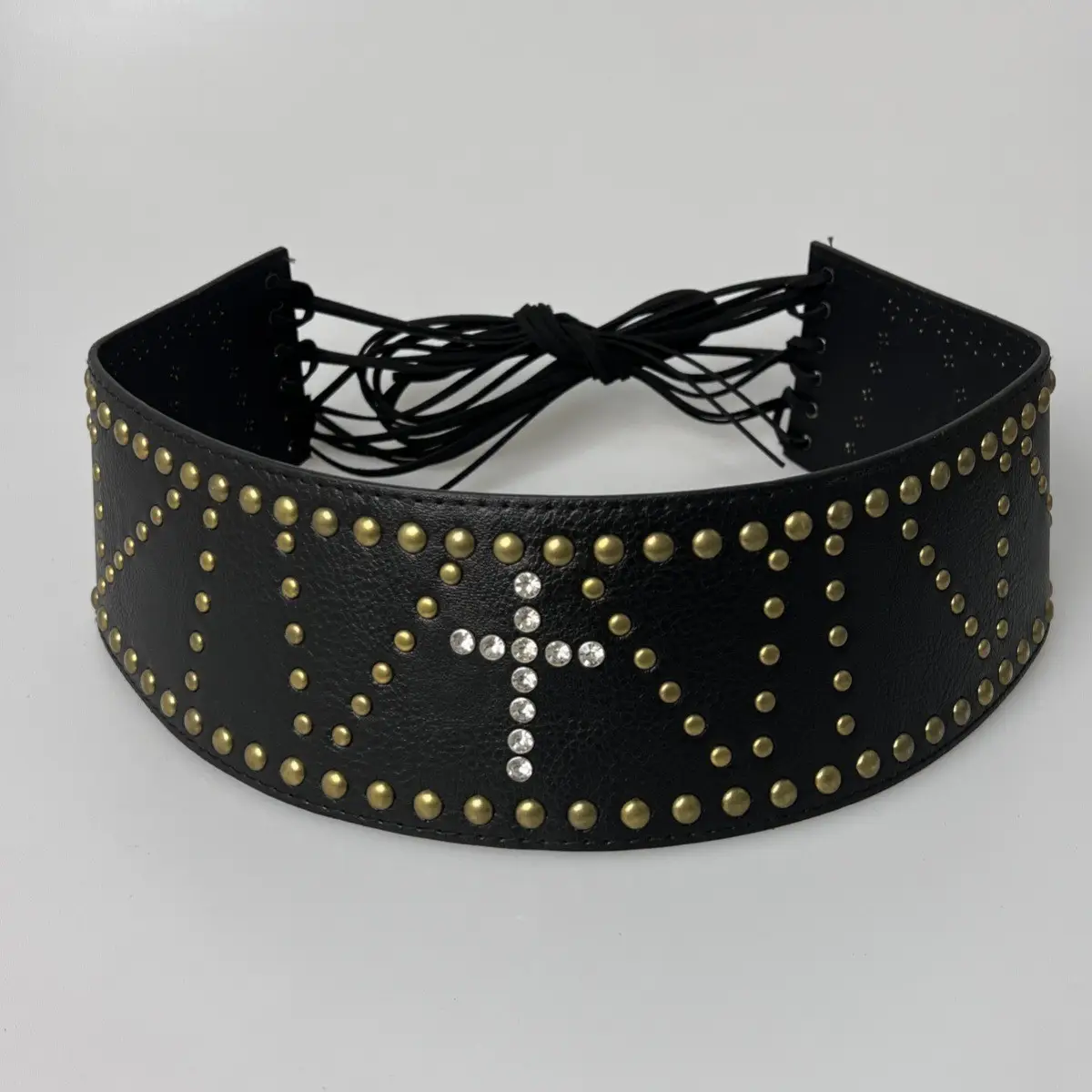 White Faux Leather Belt with Vintage Rivet Stitching and Pom Pom — feature 26
