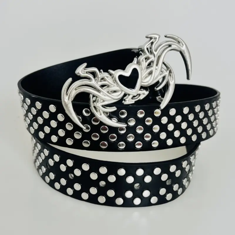 White Faux Leather Belt with Vintage Rivet Stitching and Pom Pom — feature 27