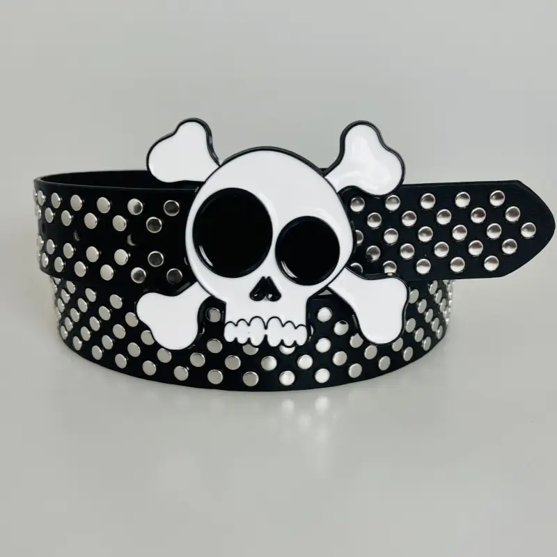 White Faux Leather Belt with Vintage Rivet Stitching and Pom Pom — feature 29