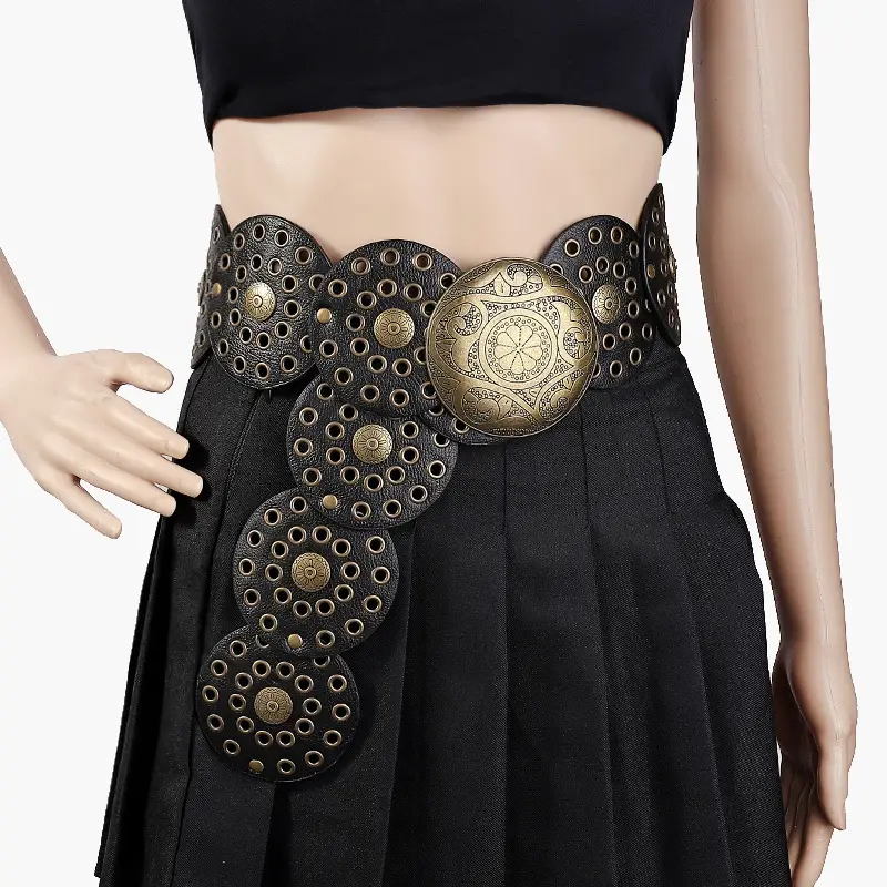 White Faux Leather Belt with Vintage Rivet Stitching and Pom Pom — feature 6