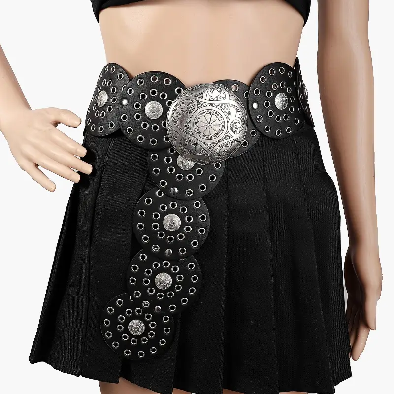 White Faux Leather Belt with Vintage Rivet Stitching and Pom Pom — feature 7