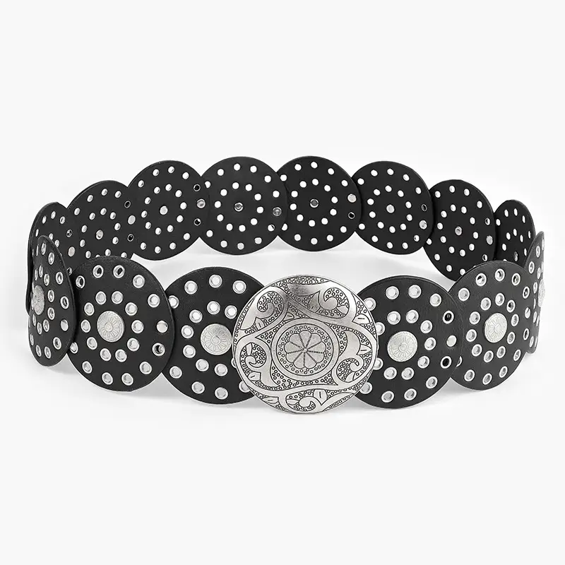 White Faux Leather Belt with Vintage Rivet Stitching and Pom Pom — feature 8