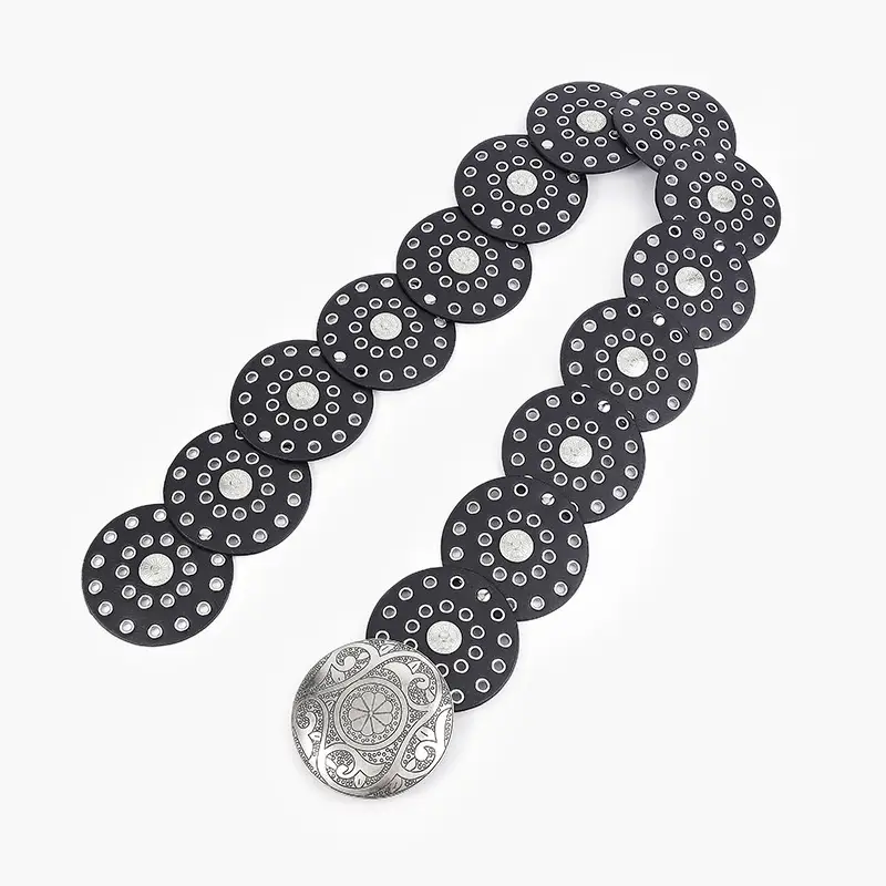 White Faux Leather Belt with Vintage Rivet Stitching and Pom Pom — feature 9