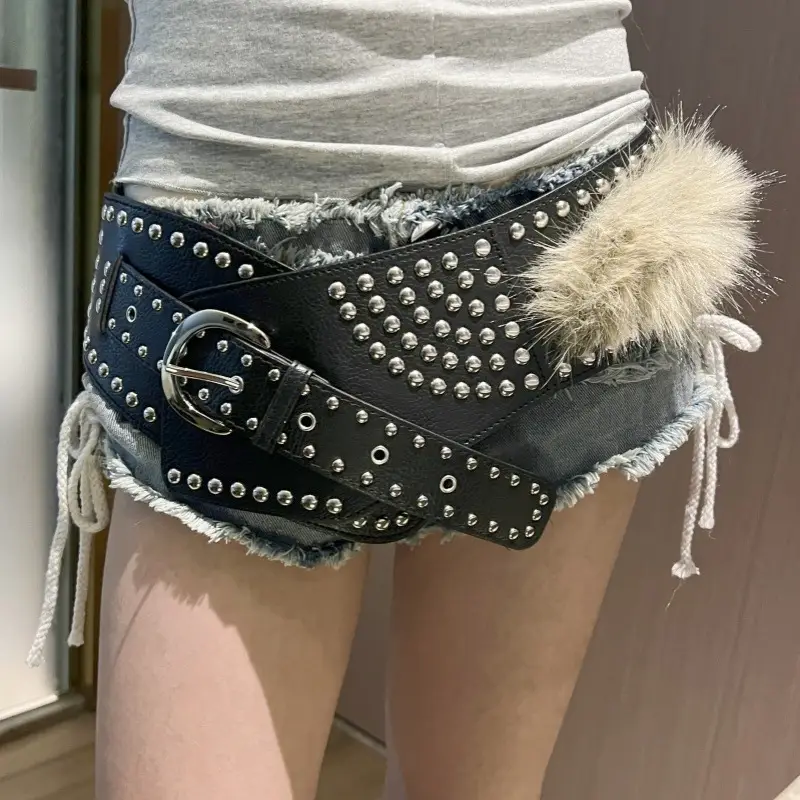White Faux Leather Belt with Vintage Rivet Stitching and Pom Pom - Image 10