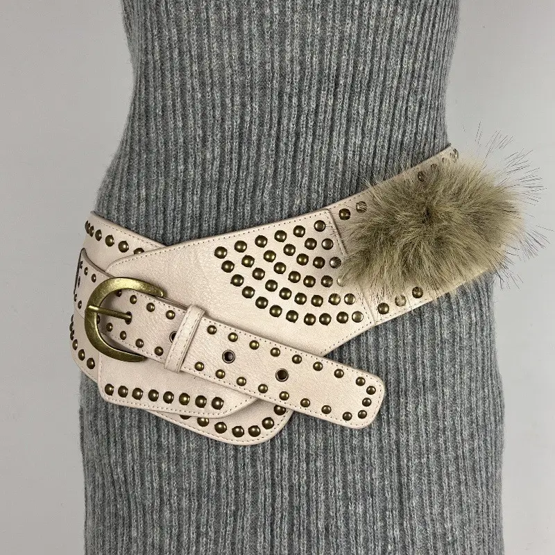 White Faux Leather Belt with Vintage Rivet Stitching and Pom Pom - Image 11