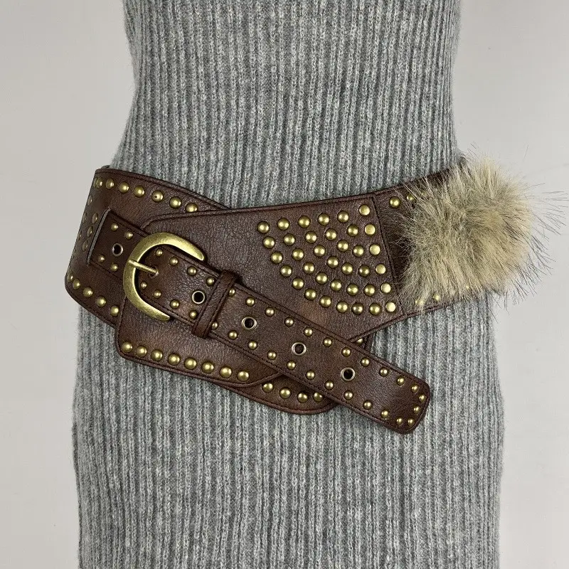 White Faux Leather Belt with Vintage Rivet Stitching and Pom Pom - Image 13