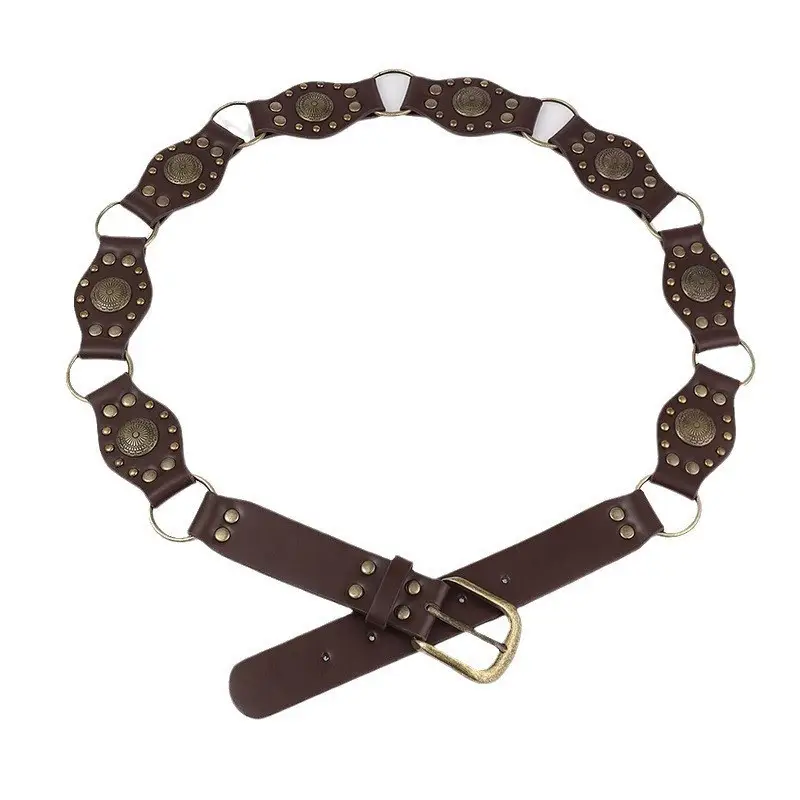 White Faux Leather Belt with Vintage Rivet Stitching and Pom Pom - Image 15