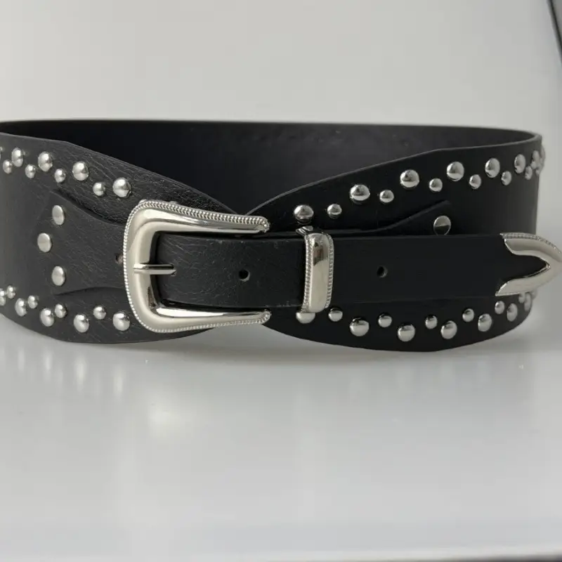 White Faux Leather Belt with Vintage Rivet Stitching and Pom Pom - Image 16
