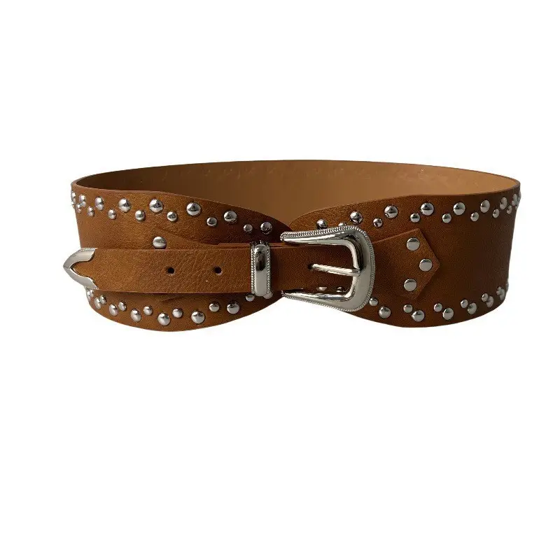 White Faux Leather Belt with Vintage Rivet Stitching and Pom Pom - Image 17