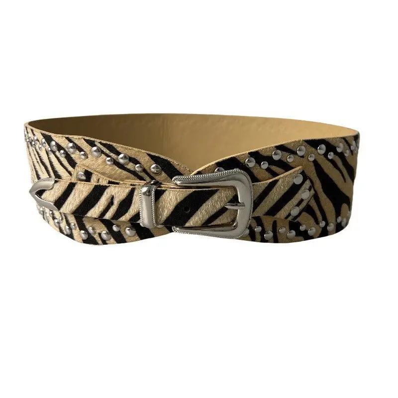 White Faux Leather Belt with Vintage Rivet Stitching and Pom Pom - Image 18