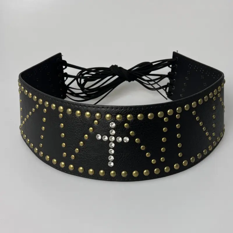 White Faux Leather Belt with Vintage Rivet Stitching and Pom Pom - Image 19
