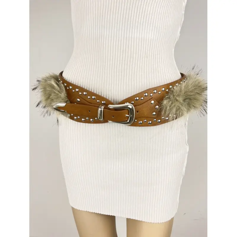 White Faux Leather Belt with Vintage Rivet Stitching and Pom Pom - Image 21
