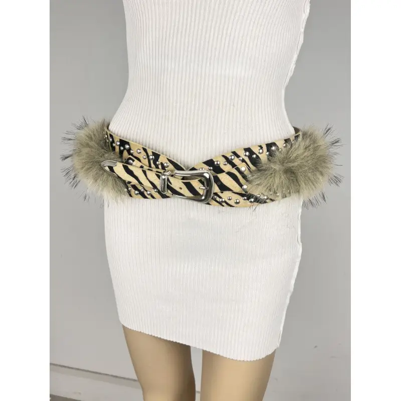 White Faux Leather Belt with Vintage Rivet Stitching and Pom Pom - Image 23