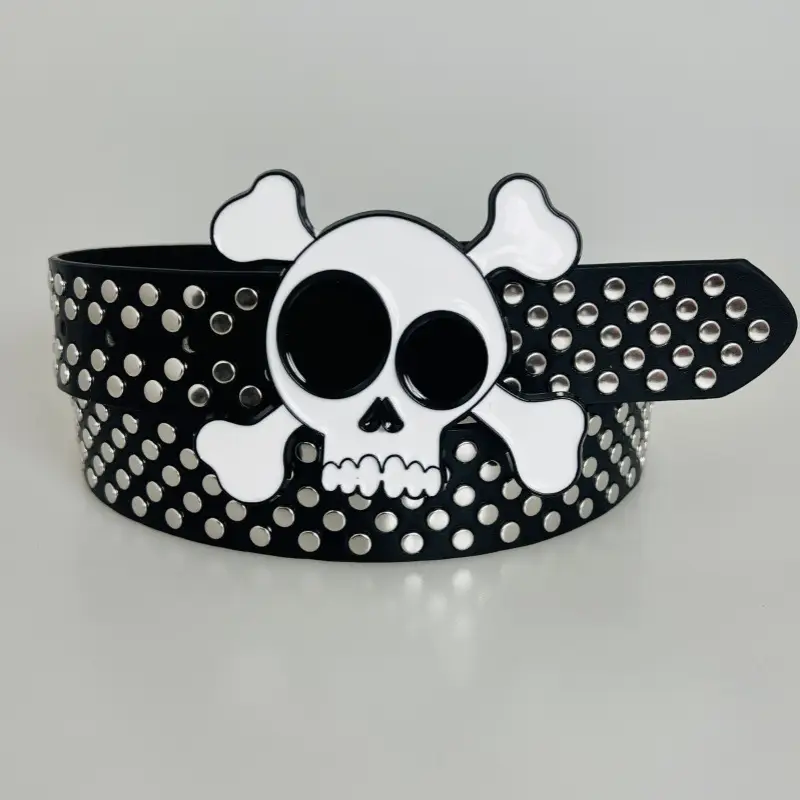 White Faux Leather Belt with Vintage Rivet Stitching and Pom Pom - Image 25