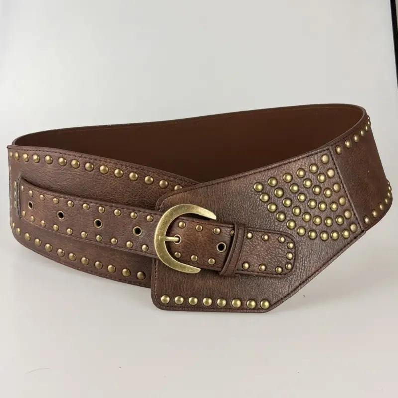White Faux Leather Belt with Vintage Rivet Stitching and Pom Pom - Image 7