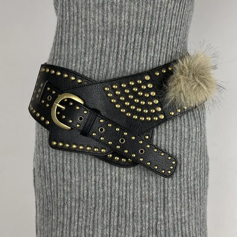 White Faux Leather Belt with Vintage Rivet Stitching and Pom Pom - Image 9