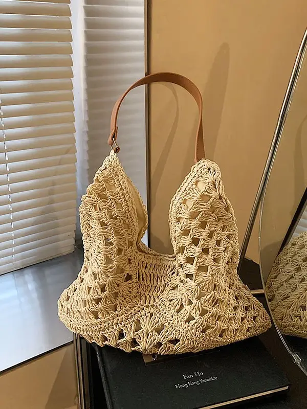 2025 Woven Hollow Shoulder Bag for Women Black White - Image 7