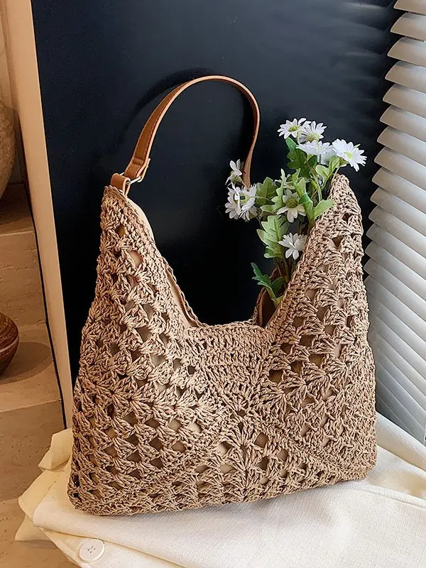 2025 Woven Hollow Shoulder Bag for Women Black White - Image 8