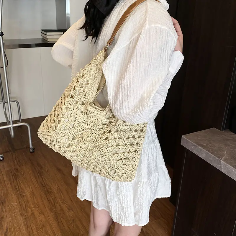 2025 Woven Hollow Shoulder Bag for Women Black White - Image 2