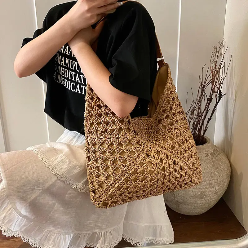 2025 Woven Hollow Shoulder Bag for Women Black White - Image 3