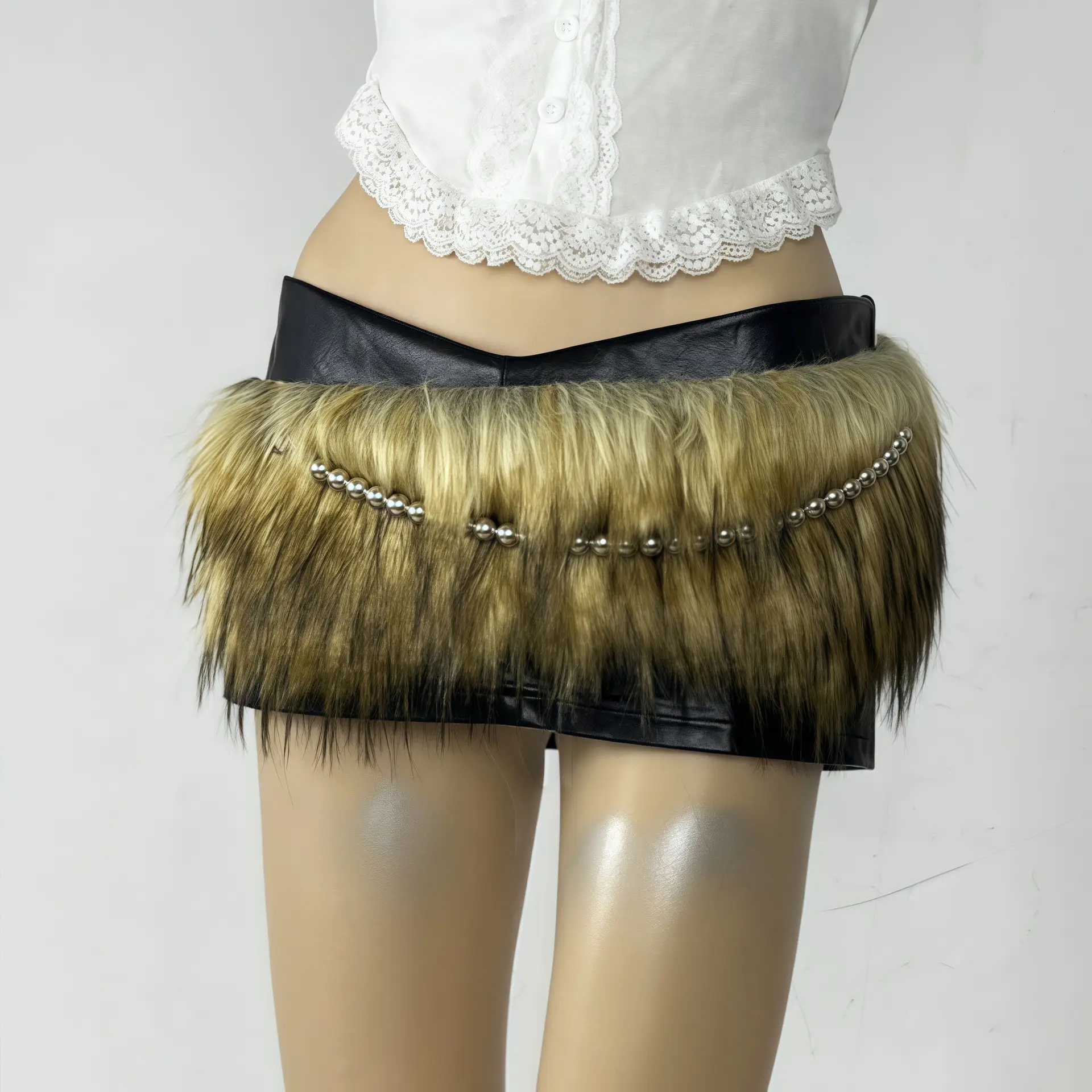 Furry Faux Fur Belt with Chain for Women