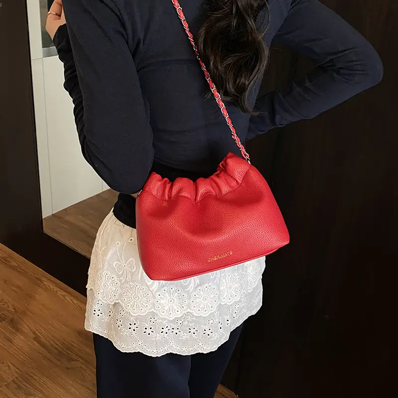 Women's Cream Bucket Bag with Chain Strap