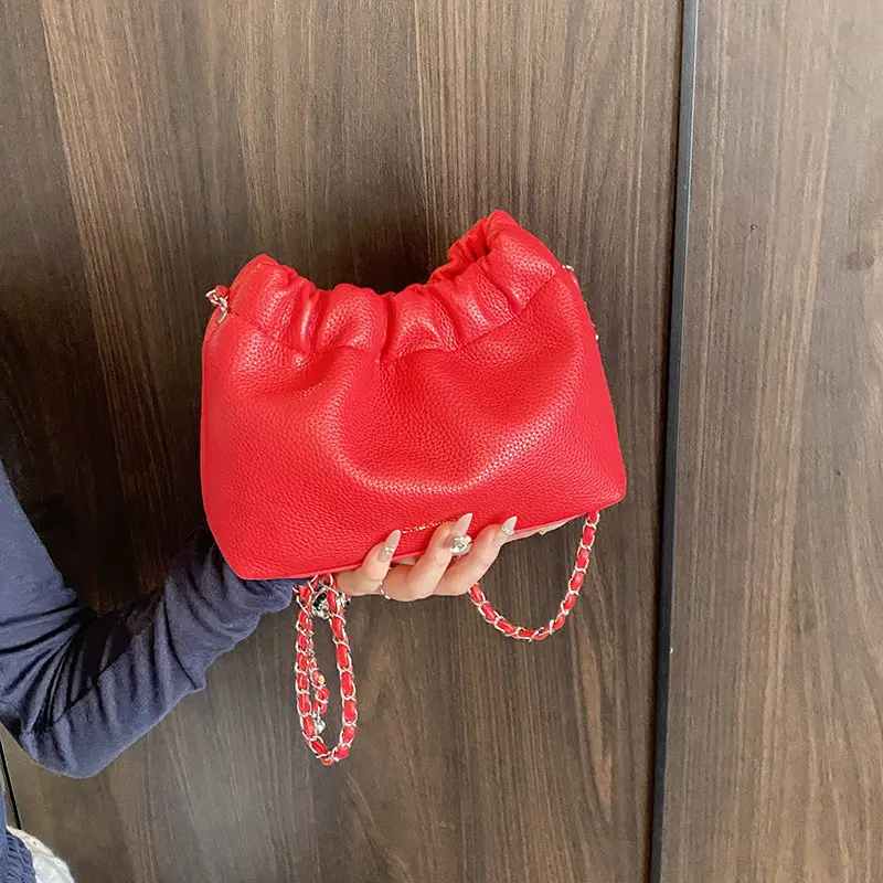 Women's Cream Bucket Bag with Chain Strap